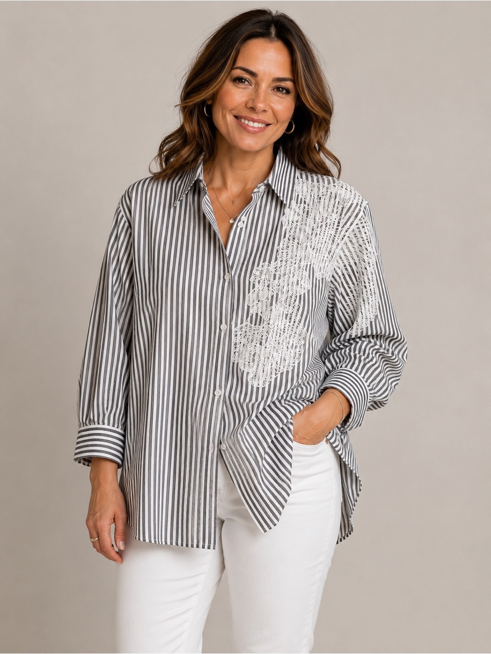 Anne Klein Striped Lace Appliqué Button-Up Shirt XL